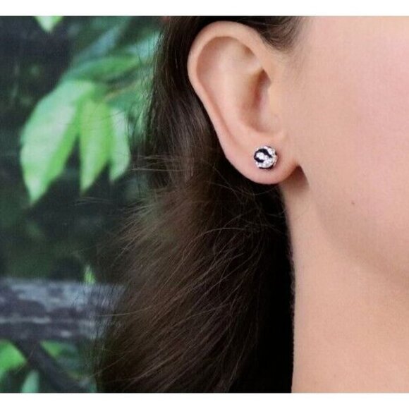14k White Gold Black & White Crystal Stud Earrings Sparkly Ball - Picture 2 of 9